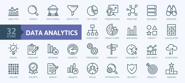 Dataanalys Statistik Analytics Minimal Tunn Linje Web Ikonuppsättning Kontur Ikoner — Stock vektor