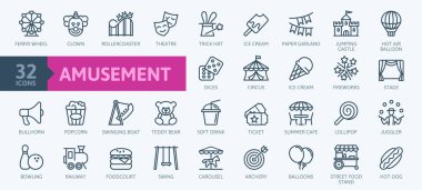 Amusement Park minimal thin line web icon set. Included the icons as Rollercoaster, Carousel, Ferros Wheel and more. Outline icons collection. Simple vector illustration. clipart