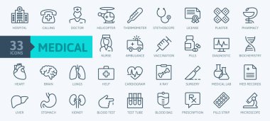 Medicine and Health symbols - minimal thin line web icon set. Outline icons collection. Simple vector illustration. clipart