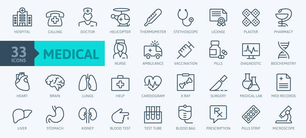 Medicine and Health symbols - minimal thin line web icon set. Outline icons collection. Simple vector illustration.