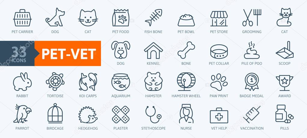 Pet, vet, pet shop, types of pets - minimal thin line web icon set. Outline icons collection. Simple vector illustration.