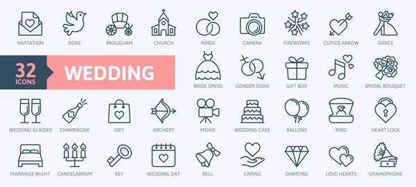 Matrimonio Linea Sottile Web Icon Set Collezione Icone Outline Semplice — Vettoriale Stock