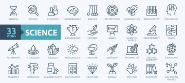 Bilim, bilimsel etkinlik öğelerini - minimal ince çizgi web simge seti. Anahat simgeleri koleksiyonu. Basit vektör çizim.
