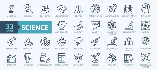 Ciencia Elementos Actividad Científica Conjunto Iconos Web Línea Delgada Mínima — Archivo Imágenes Vectoriales