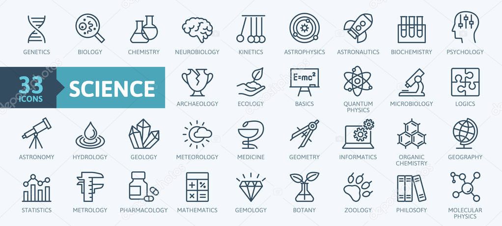 Science, scientific activity elements - minimal thin line web icon set. Outline icons collection. Simple vector illustration.