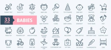Babies, baby toys, feeding and care elements - thin line web icon set. Outline icons collection. Simple vector illustration. clipart