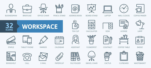 Office workspace elements - thin line web icon set. Outline icons collection. Simple vector illustration.