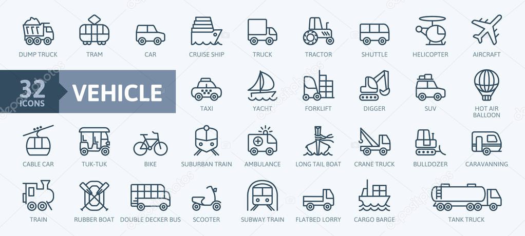 Transport, vehicle and delivery elements - minimal thin line web icon set. Outline icons collection. Simple vector illustration.