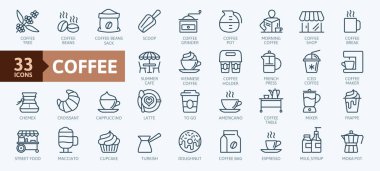 Kahve makinesi, kahve evi, kahve dükkanı öğeleri - minimal ince çizgi web simge seti. Anahat simgeleri koleksiyonu. Basit vektör çizim.