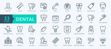 Diş sağlığı kliniği unsurları - ince çizgi web simgesi seti. Taslak simge koleksiyonu. Basit vektör illüstrasyonu.