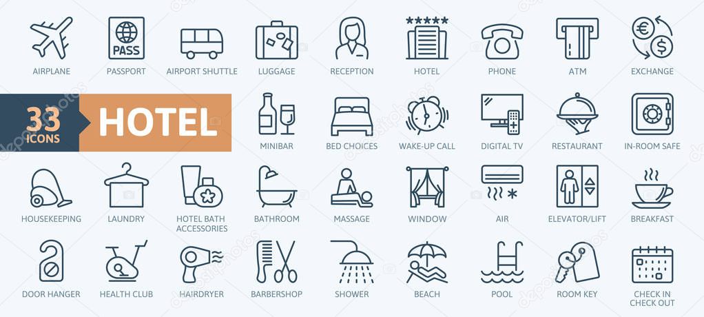 Hotel elements - thin line web icon set. Outline icons collection. Simple vector illustration.