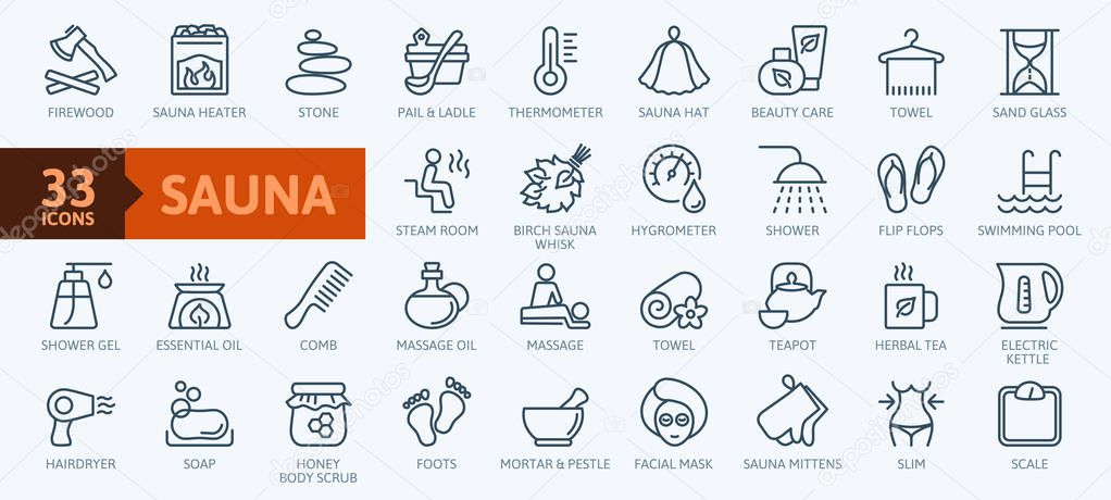 Sauna elements - thin line web icon set. Outline icons collection. Simple vector illustration.