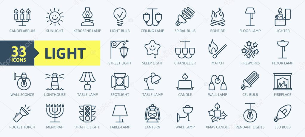 Lights, bulb, lamp web icon set - minimal thin line web icon set. Outline icons collection. Simple vector illustration