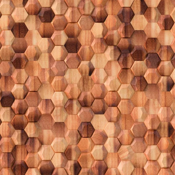 3D illustration Texture, background, three-dimensional, realistic wooden polygons with a shadow, with the texture of natural wood, located at different heights. Render.3d texture of a wall, hexagonal