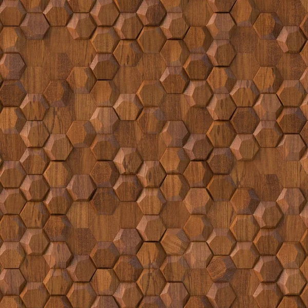 3D插图纹理 逼真的木制多边形 有阴影 纹理为天然木材 位于不同的高度 六边形墙壁的渲染 3D纹理 — 图库照片