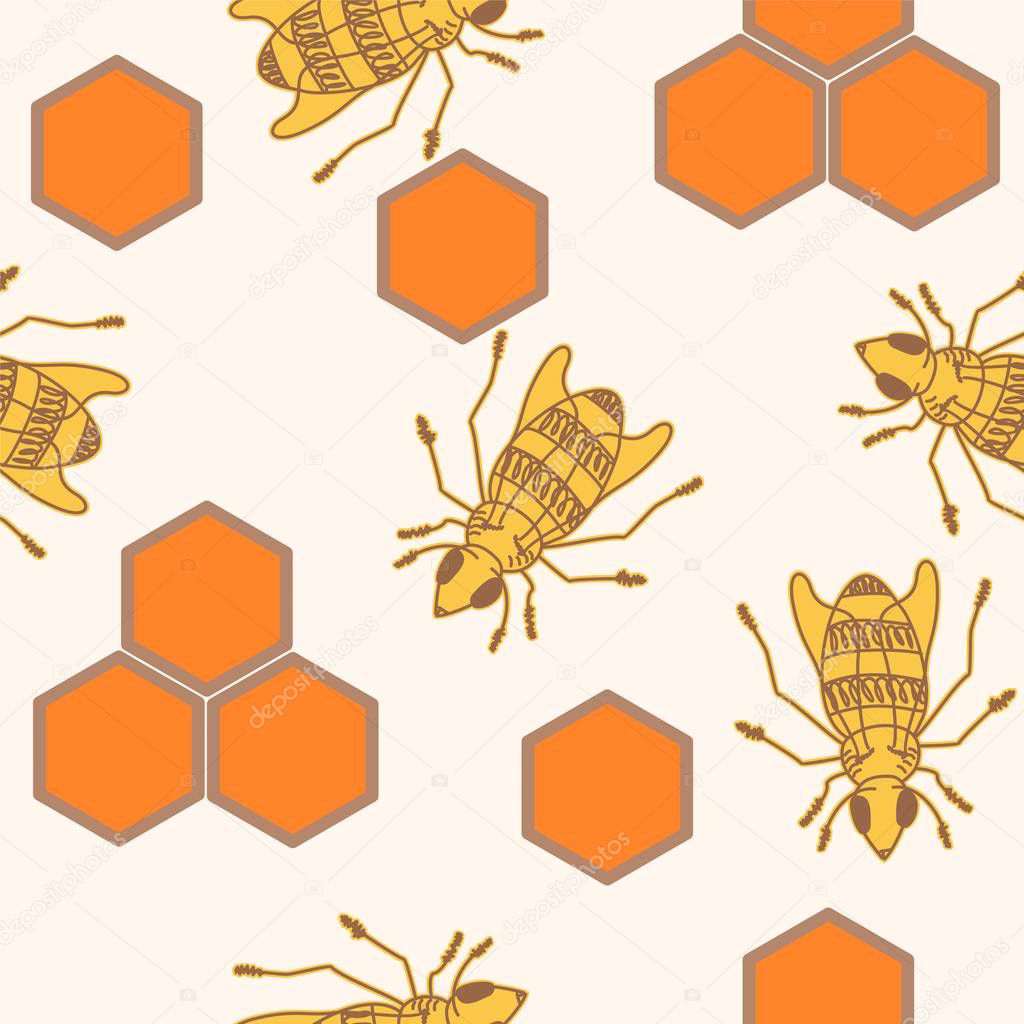 Hand drawn bees and honeycomb vector seamless pattern.