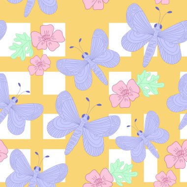 Kelebek ve çiçek çizilmiş seamless modeli el, desen döşemesi sarı ve beyaz kareli arka plan ile tekrar.