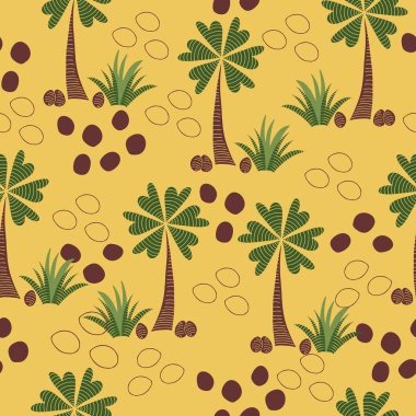 Renkli soyut sorunsuz vektör desen ile palmiye ağacı, kalp şeklinde yaprakları ve hindistancevizi, sarı arka plan.