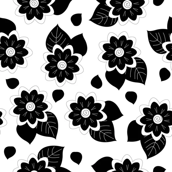 Black White Hand Drawn Flowers Leaves Repeat Seamless Pattern White — Stock Vector