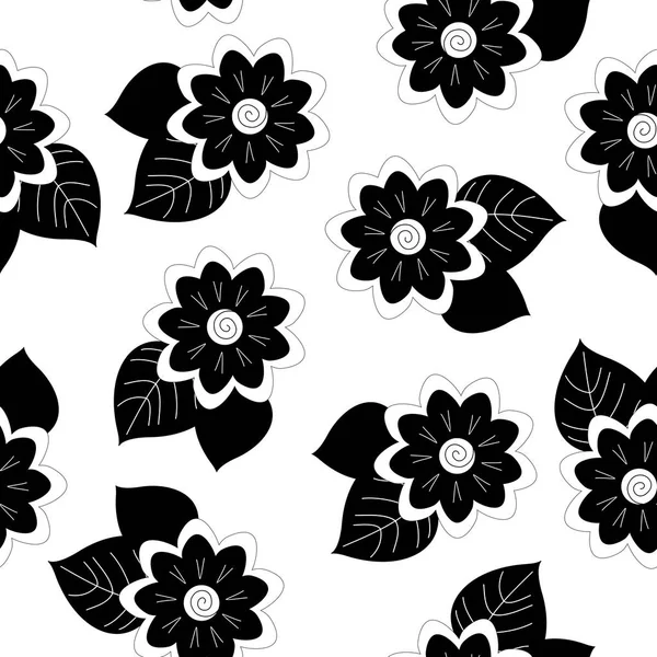 Schwarz Weiße Handgezeichnete Blume Nahtloses Muster Mit Weißem Hintergrund Wiederholen — Stockvektor
