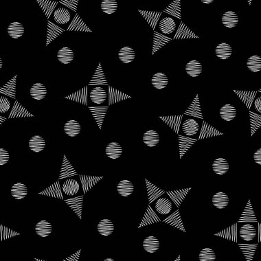 Basit siyah ve beyaz geometrik Dikişsiz desen vektör. Memphis stil öğeleri - üçgenler ve daireler, yıldız şekiller esin kaynağı oldu. Tek renkli sanat çizimler.