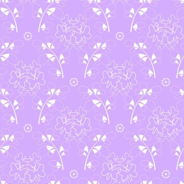 Elle çizilmiş kelebekler ile modern iki renkli damask yapraklı ve çiçek vektör seamless modeli. Zarif Mor pastel renkli arka plan ve beyaz çizimler. 