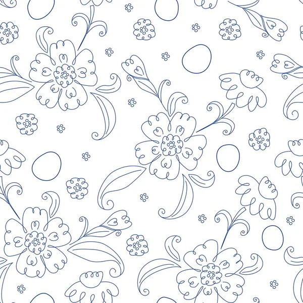 Moderne Florale Blaupause Handgezeichnete Blumenelemente Vektor Nahtlose Wiederholung Muster Mit — Stockvektor