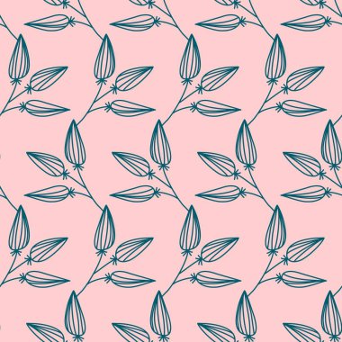 Elle çizilmiş yaprakları, tek renkli hat sanatı, tekrar sorunsuz vektör desen döşemesi. Pembe bir arka plan üzerinde modern yeşil. 