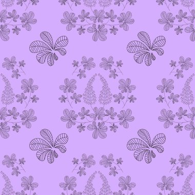 Elle çizilmiş acı bakla bitki, modern damasko sorunsuz vektör desen. Tek renkli çizgi resim mor arka planda, desen öğeleri şeritler. 