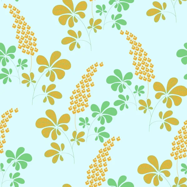 Lupine Plant Colored Hand Drawn Illustration Seamless Vector Pattern Gold — Stock Vector