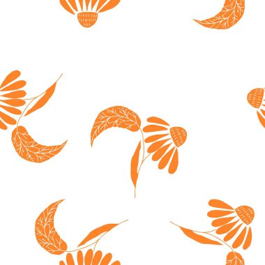 Beyaz adam, elle çizilmiş sorunsuz vektör desen üzerinde turuncu papatya siluet. Doodle çiçek öğeleri, tek renkli yüzey deseni. 