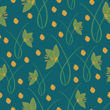 El Çiğdem bitkiler çim, mavi, yeşil, altın renklerde çekilmiş. Siluetleri ve çizimler renkli arka plan üzerinde. Vektör seamless modeli, doodle kroki. 