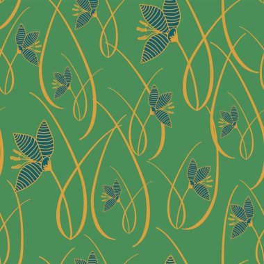 El Çiğdem bitkiler çim, mavi, yeşil, altın renklerde çekilmiş. Siluetleri ve çizimler renkli arka plan üzerinde. Vektör seamless modeli, doodle kroki. 