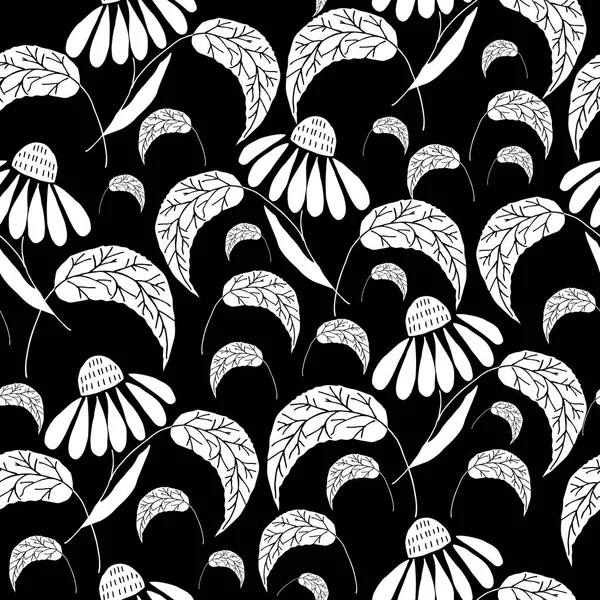 Handgezeichnete Gänseblümchenblümchen Schwarz Weiße Kunstwerke Auf Schwarzem Hintergrund Vektor Nahtlose — Stockvektor