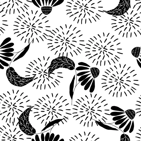 Modèle Vectoriel Dessiné Main Noir Blanc Avec Des Fleurs Marguerite — Image vectorielle