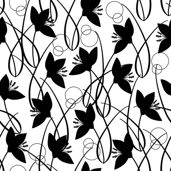 Schwarz Weiße Doodle Vektor Nahtlose Muster Mit Krokuspflanzen Blüten Blättern — Stockvektor