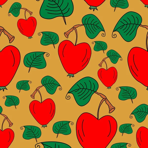 Heart Shaped Apple Leaf Hand Drawn Vector Seamless Pattern Colorful — Stock Vector