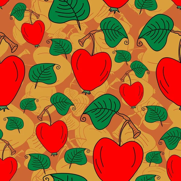 Heart Shaped Apple Leaf Hand Drawn Vector Seamless Pattern Colorful — Stock Vector