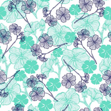 Elle çizilmiş Bahçe flovers, iki renkli blueprint Hat sanatı. Vektör seamless modeli, üç renk Desen döşemesi, mavi, turkuaz ve beyaz. 