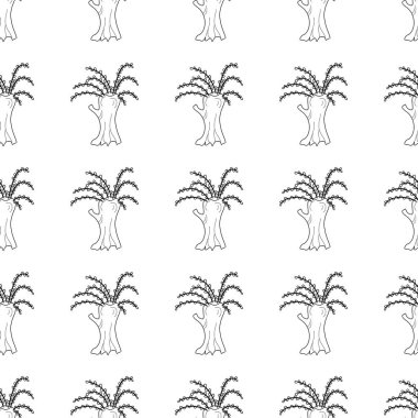 Elle çizilmiş Kukum ağaçlar, sorunsuz vektör desen. Siyah ve beyaz satır resmi.