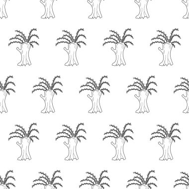 Elle çizilmiş Kukum ağaçlar, sorunsuz vektör desen. Siyah ve beyaz satır resmi.