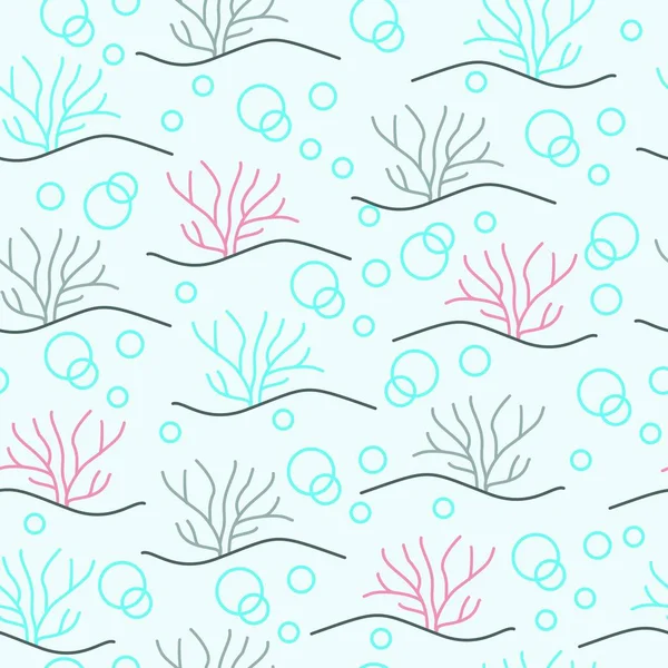 在水下 手绘场景与水生植物和气泡 可爱的五颜六色的矢量无缝重复模式 — 图库矢量图片