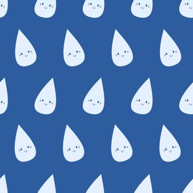 Peri yağmur, el çizilmiş dikişsiz vektör tekrar desen. Mavi kawaii yağmur mavi arka plan üzerinde düşer. Monokromatik renk tekrar desen karosu. 