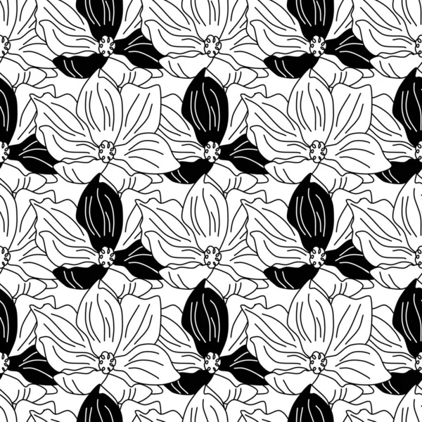 Black and white hand drawn doodle style vector seamless pattern wiht magnolia flowers. Realistic drawings of magnolia flowers.