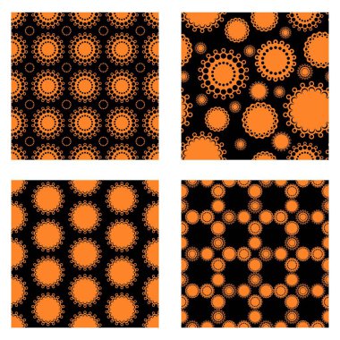 Basit doily sorunsuz vektör desenleri kümesi. Siyah arka plan üzerinde monokromatik desen elenemts.