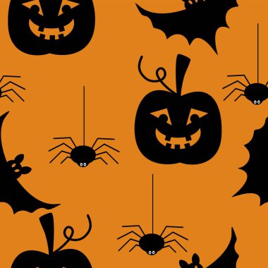 Korkunç kabaklar, yarasalar ve örümcekler ile Turuncu siyah Halloween vektör sorunsuz desen. Renkli arka plan üzerinde siluet elemanları.