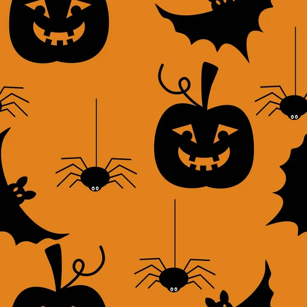 Orange black Halloween vector seamless pattern with scary pumpkins, bats and spiders. Silhouette elements on colored background. — Stock Illustration Orange Black Halloween Vector Seamless Pattern Scary Pumpkins Bats Spiders Stock Vector