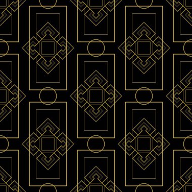 Siyah ve altın art deco dikişsiz vektör desenleri. Monokromatik arka plan üzerinde monokromatik geometrik desen elemanları. 
