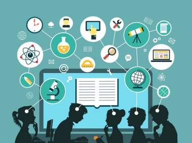 Vektör çizim. Gençlerin büyük bir defter arka plan üzerinde online eğitim simgelerle siluetleri.