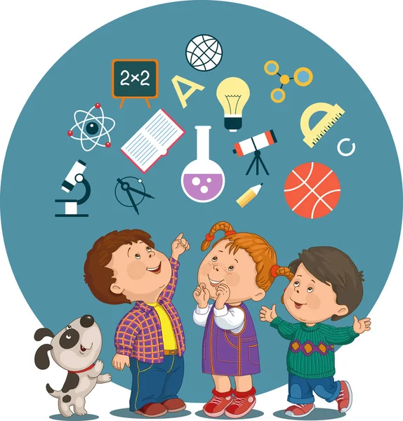 Niños de dibujos animados con iconos de la educación — Vector de stock